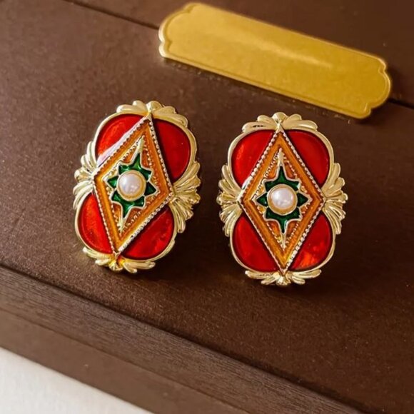 NEW Amelia Art Deco Copper Orange Enamel 18K Gold Plated Earrings - Picture 1 of 4